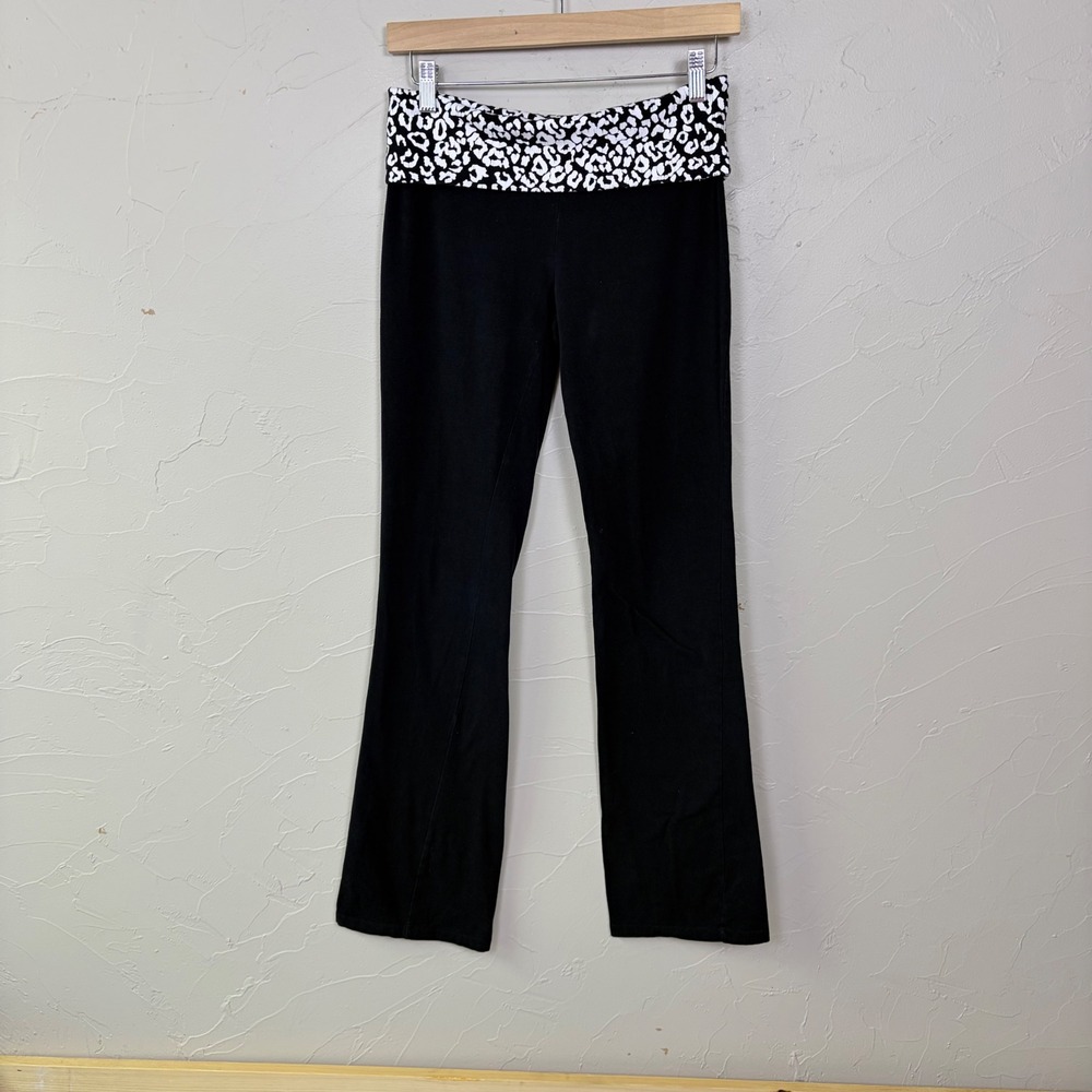 Y2K Love Yoga Pants Low Rise Flare Small Black Leopard Print Fold-over Waist